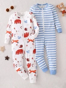 Young Boy Animal Print Striped Jumpsuit Snug Fit Pajamas - Multicolor - View 3