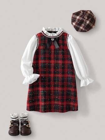 PrepCrw 1 件年轻女孩优雅都市百搭经典圣诞黑格子白色荷叶边领长袖连衣裙，适合休闲外出、聚会、节日、秋季、冬季、圣诞节