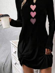 SHEIN LUNE Đầm dài tay ôm sát người họa tiết trái tim, kiểu dáng thường ngày, thích hợp cho mùa thu/đông dạo phố, phong cách thường ngày. - màu đen - Xem 4