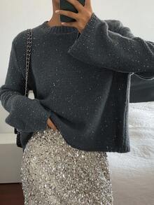 Livesso 女式休闲亮片圆领毛衣，秋季 - 深灰色 - 查看 3