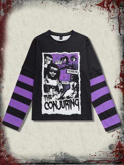 The Conjuring X ROMWE T-shirt à manches longues pour hommes avec graphique gothique d'horreur, de mission et de lettres, avec rayures contrastées. Décontracté pour le printemps et l'automne