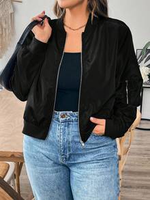 SHEIN Essnce Áo khoác bomber xanh lá cây cỡ lớn dành cho nữ mùa thu thời trang mới công sở thường ngày cho phụ nữ mùa thu quần áo nữ tay dài cho phụ nữ mùa thu áo khoác cho phụ nữ thường ngày đi làm - màu đen - Xem 5