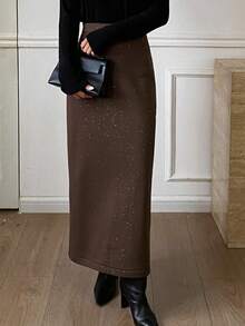 Livesso 女士宽松休闲商务亮片直筒半身裙，棕色，优雅百搭，适合婚礼、派对、秋冬季穿着。 - 棕色 - 查看 5