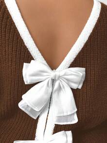 Elenzga Sweater Lengan Panjang Kerah Bulat Kasual Wanita Ukuran Besar dengan Pita, Musim Gugur/Musim Dingin - Coffee Brown - View 4