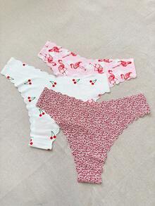 DAZY 3pcs/Set Fully Allover Print Ruffle Trim Women's Thong Panties - Apricot - View 11