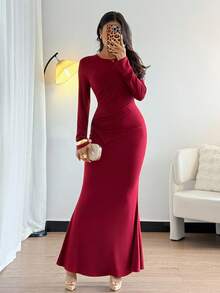 Chiquease Women's Knit Long Sleeve Ruched Asymmetric Hem T-Shirt And Fish Tail Midi Skirt Elegant Set - Red - View 7