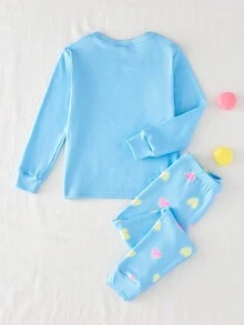 年轻女孩海军蓝简约全身心爱心、星星、鹿印花长袖上衣和紧身裤两件套睡衣套装 - 淺藍色 - 查看 2