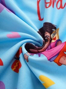 DORA | SHEIN 年轻女孩卡通人物图案圆领插肩长袖蝴蝶结针织蓝色连衣裙 - 藍色 - 查看 6