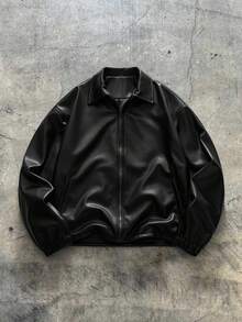 AXEPEAK 加大码男士休闲PU皮拉链翻领长袖夹克，秋季/秋冬季 - 黑色 - 查看 1