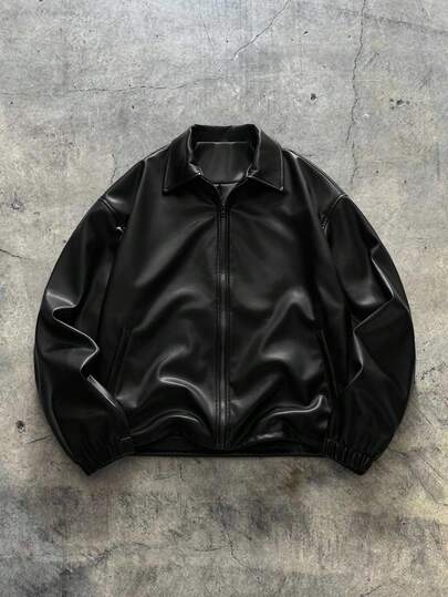 AXEPEAK Plus Size Men's Casual PU Leather Zip-Up Collar Jacket, Autumn, For Fall Winter