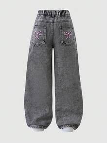 女童 Y2K 直筒牛仔裤，黑色，俏皮蝴蝶刺绣，休闲时尚，百搭，适合上学、聚会、度假、通勤、日常穿着，全新秋季系列 - 黑色 - 查看 6