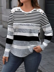 EMERY ROSE 秋季大码休闲拼色条纹印花长袖T恤 - 彩色 - 查看 1
