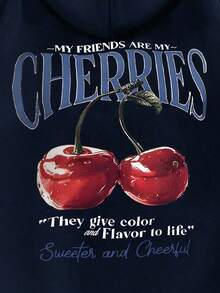 INAWLY Women's Casual Cherry Slogan Print Drop Shoulder Sweatshirt, Autumn/Winter - Navy Blue - View 5