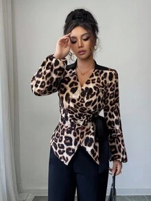 Rafferiza Chemise à manches longues élégante pour femmes avec imprimé léopard et ourlet asymétrique, automne