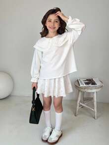 Elladie kids 新款时尚甜美蕾丝领白色长袖上衣，适合年轻女孩，百搭汗衫 - 白色 - 查看 7