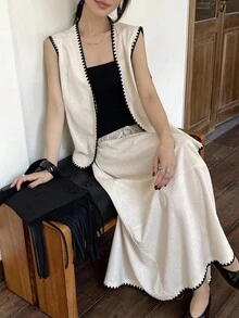 DAZY 女士优雅两件套：无袖撞色拼布背心和长裙 - 杏色 - 查看 5