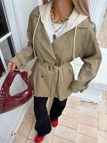 DAZY 女式撞色连帽都市休闲风衣夹克，宽松长袖外套 - 卡其色 - 查看 4