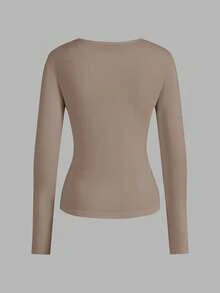 SHEIN EZwear 2 piezas Conjunto de camisetas de manga larga de corte slim con cuello en V profundo para mujer, color negro y caqui, adecuado para otoño/invierno - Multicolor - Ver 4