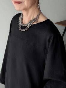 FRIFUL Women's Solid Khaki Round Neck Long Sleeve Patchwork Side Slit Hem Loose Casual Versatile T-Shirt, Autumn Wear - Black - View 6