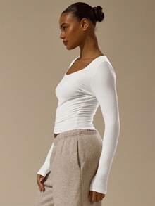 MUSERA ESSENTIALS Top de manga larga con cuello de escote redondo ajustado, básico elegante, sexy y apropiado para primavera y verano - Blanco - Ver 3