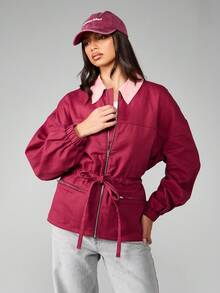 MISSGUIDED Fitted Waist Bomber Jacket With Contrast Pink Collar High Fashion Statement Piece Cotton Outwear Fall Winter Streetwear Zip Front Outerwear - Purple - View 1