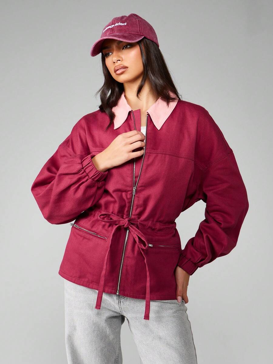MISSGUIDED Fitted Waist Bomber Jacket With Contrast Pink Collar High Fashion Statement Piece Cotton Outwear Fall Winter Streetwear Zip Front Outerwear - Purple - View 1
