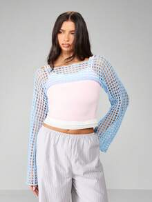 MISSGUIDED Fishnet Mesh Knit Bell Sleeve Shrug Bolero Layering Crop Top Ultra Cropped Y2K Fashion Sweater Fall Winter Outerwear Streetwear - Blue - View 3