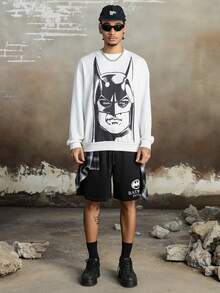 BATMAN X SHEIN Men's Casual Portrait Graphic Crew Neck Sweatshirt And Shorts Set, Autumn - Black and White - View 5