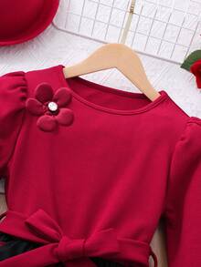 Tween Girl Floral 3D Decor Contrast Color Round Neck Long Sleeve Ruffle Hem Elegant Dress - Multicolor - View 4