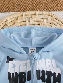 SHEIN Playful Pals 2件組男嬰連帽拉鍊外套+長褲套裝，字母與星星印花，街頭休閒運動拉鍊套裝，適合秋冬日常穿著 - 藍色 - 查看 6