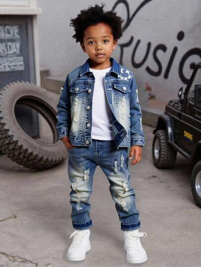 SHEIN Playful Pals 2 st. set med personligt tyg, vintage- och gatumode för unga pojkar, tvättad jeansjacka och jeans, college- och casualstil