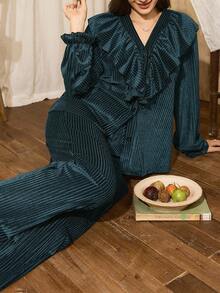 Ruffled Collar Drawstring Velvet Mature Minimalist Elegant Long Sleeve Women Pajama Set, Fall Winter Clothes - Dark Green - View 6
