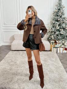 SHEIN LUNE Retro Faux Fur Leather Jacket, Autumn/Winter, Christmas - Light Grey - View 6