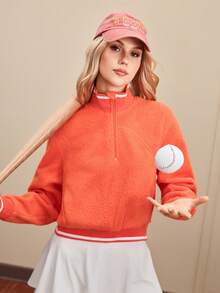 Streetz SHEIN Sport 女式字母刺绣长袖口袋休闲羊毛运动衫 - 橘色 - 查看 3