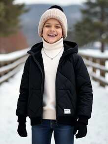 SHEIN Kids/Tween Boy Casual Black Winter Hooded Zip-Up Thick Woven Parka,Padded Coat With Patch Decor,Suitable For School,Club,Garden,Birthday,Autumn,Fall - Black - View 1