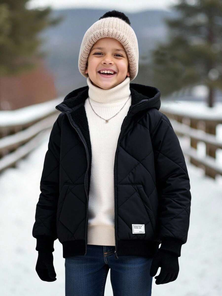 SHEIN Kids/Tween Boy Casual Black Winter Hooded Zip-Up Thick Woven Parka,Padded Coat With Patch Decor,Suitable For School,Club,Garden,Birthday,Autumn,Fall - Black - View 1