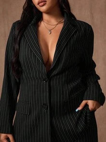 Rustia Plus Size Long Sleeve Lapel Collar Straight Leg Pants 2 Pieces Suit Set, Striped Casual Office Wear