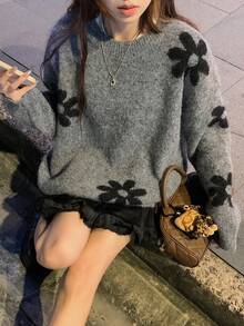 DAZY 女式花卉印花宽松圆领休闲毛衣