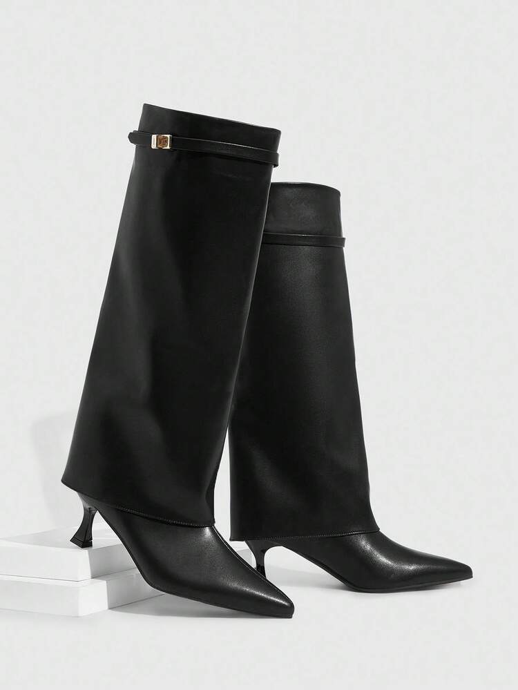 CUCCOO SZL Women's Fashion Pointed Toe Black Suede Tall Shaft Metal Buckle Elegant Versatile Stiletto Knee-High Boots