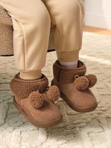 Cozy Pixies 秋冬百搭休闲时尚百搭毛绒加厚保暖可爱柔软宝宝雪地靴搞怪小球短靴拖鞋 - 棕色 - 查看 2