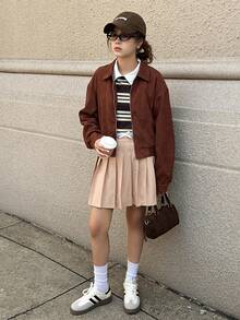 1pc Teen GirlMetal Zipper Collar Long Sleeve Lightweight Jacket, Casual Versatile For Outings, School And More