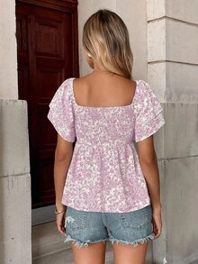 Pariaura 女士休闲花卉印花荷叶边下摆度假衬衫