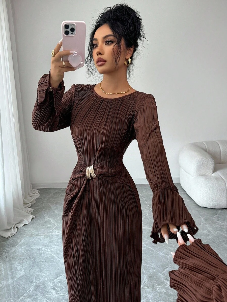 Elenzga Women's Elegant Round Neck Solid Color Waist Metal Buckle Decor Flare Sleeve Cinched Waist Midi Dress, Women's Autumn Dress - Coffee - View 1