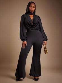 SHEIN SXY 大码时尚性感纯色低胸连体裤 - 黑色 - 查看 7