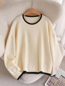 CosyJoli Eleganter französischer Stil Lässig Minimalist Schwarz & Weiß Strick Pullover Für Damen Große Größen, Herbst Winter Kleidung Für Frauen - Beige - Übersicht 5