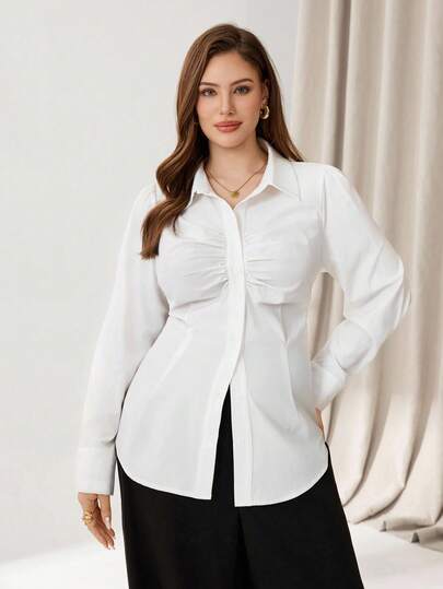 Auralis White Ruched Front Button Long Sleeve Shirt, Office Lady Elegant Blouse, Plus Size, Suitable For Work, Concerts, Dates, Basic Versatile Shirt/Fall/Winter Plus Size Shirts And Blouses Plus Size Blouses White Plus Size Women Shirts Work Blouse Plus Size Plus Size White Shirt
