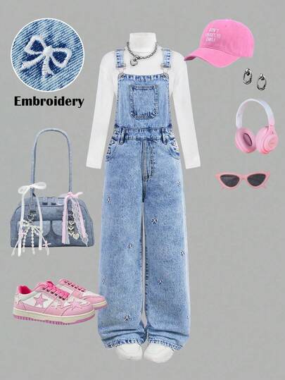 SHEIN Girlism Tween Girls'Fashion Comfortable Cute Bowknot Embroidered Blue Denim Loose Bib Jumpsuit Overalls Fall Winter,For Girls Dailywear Costume,Girls Streetwear Outfits,Halloween Outfits,Christmas Costume,Winter Clothes,Teen Jumpsuit
