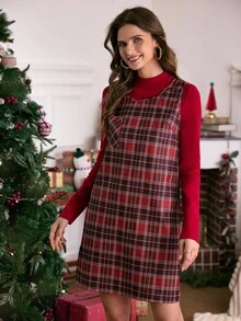 SHEIN LUNE 2 件圣诞红色连衣裙套装，华丽格子衬里连衣裙，女士礼服套装 - 彩色 - 查看 4