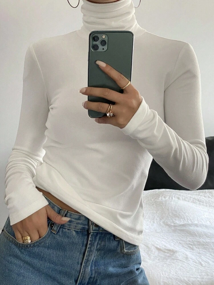 2pcs Women Casual Solid Color Turtleneck T-Shirt Set, Autumn/Winter