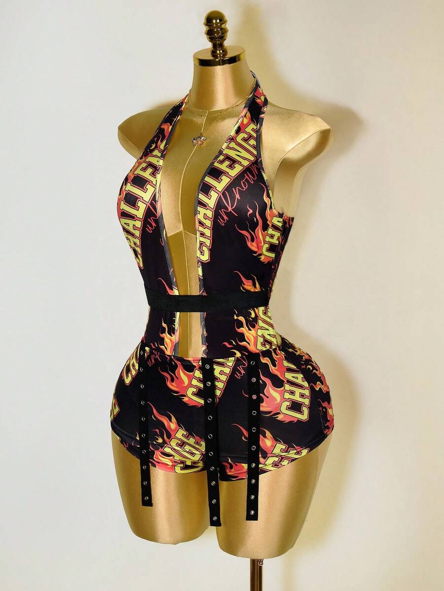 Mistrie 女式性感深 V 领字母火焰印花连体衣 - 黑色 - 查看 1